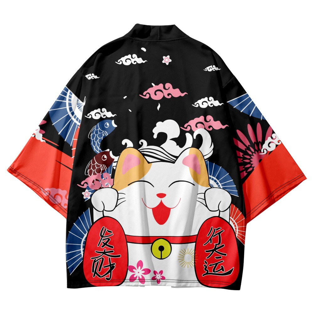 Asian Cosplay Anime - Yukata Cosplay Kedi Baskı Hırka Samuray